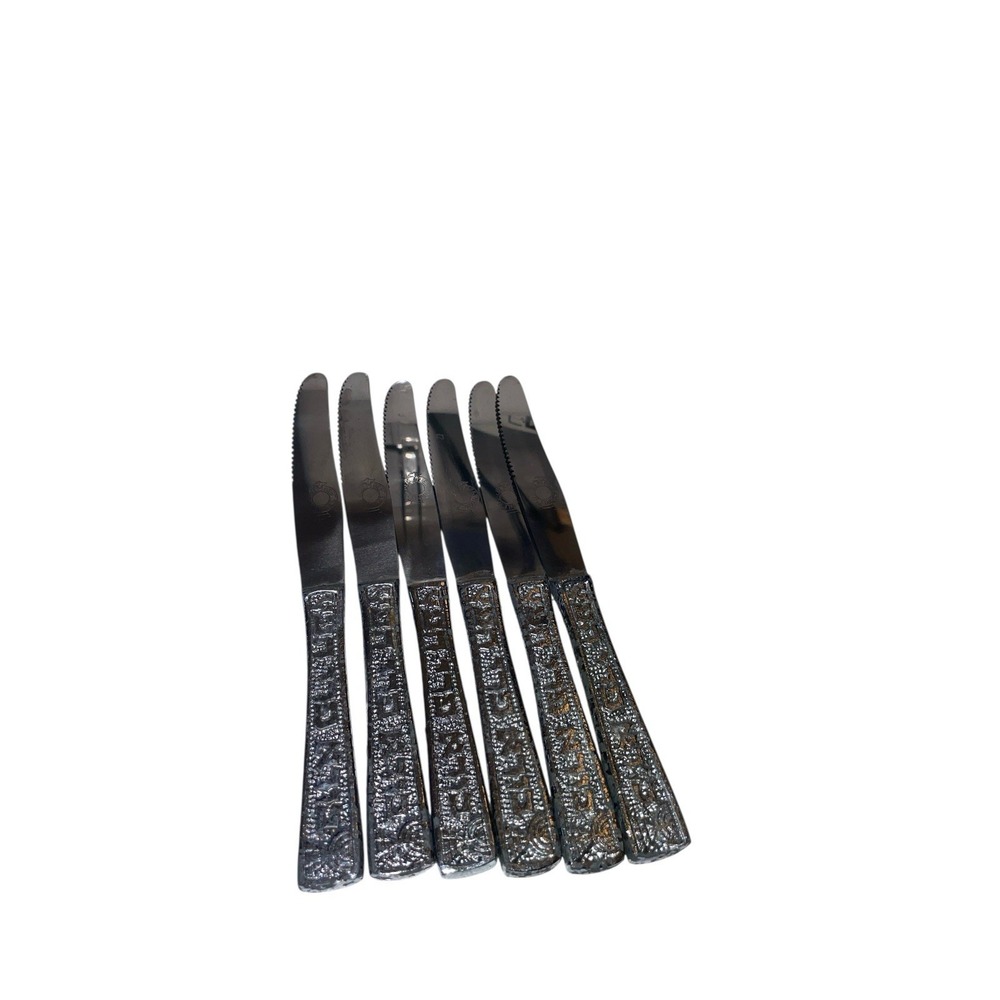 6 Knives Israel/ Hebrew Writing 7" Silver Dipped Raised Lettering And Design